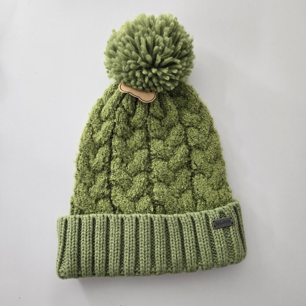Igloos Soft Touch Green Knit Beanie Adult One Size Pom Pom Winter Head Wear